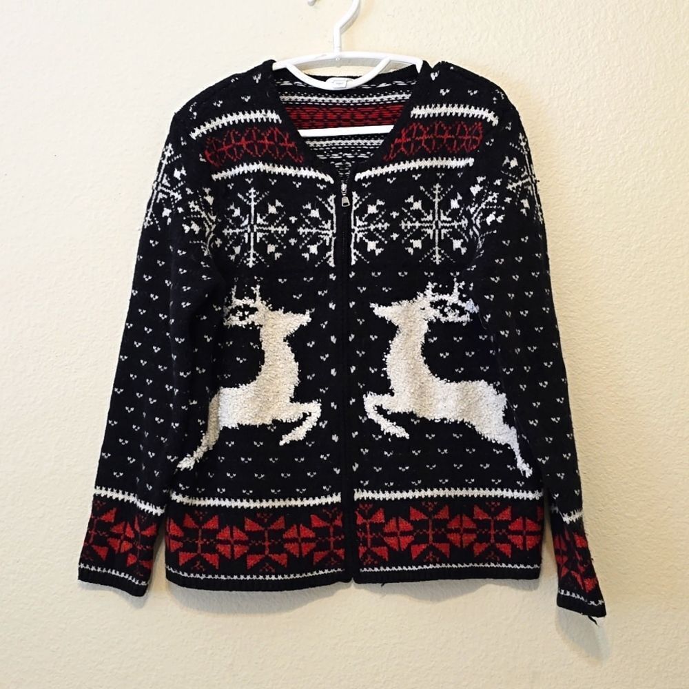J. Jill Sweater Cardigan small Medium Black Reindeer Holiday Zipper Wool‎ Blend